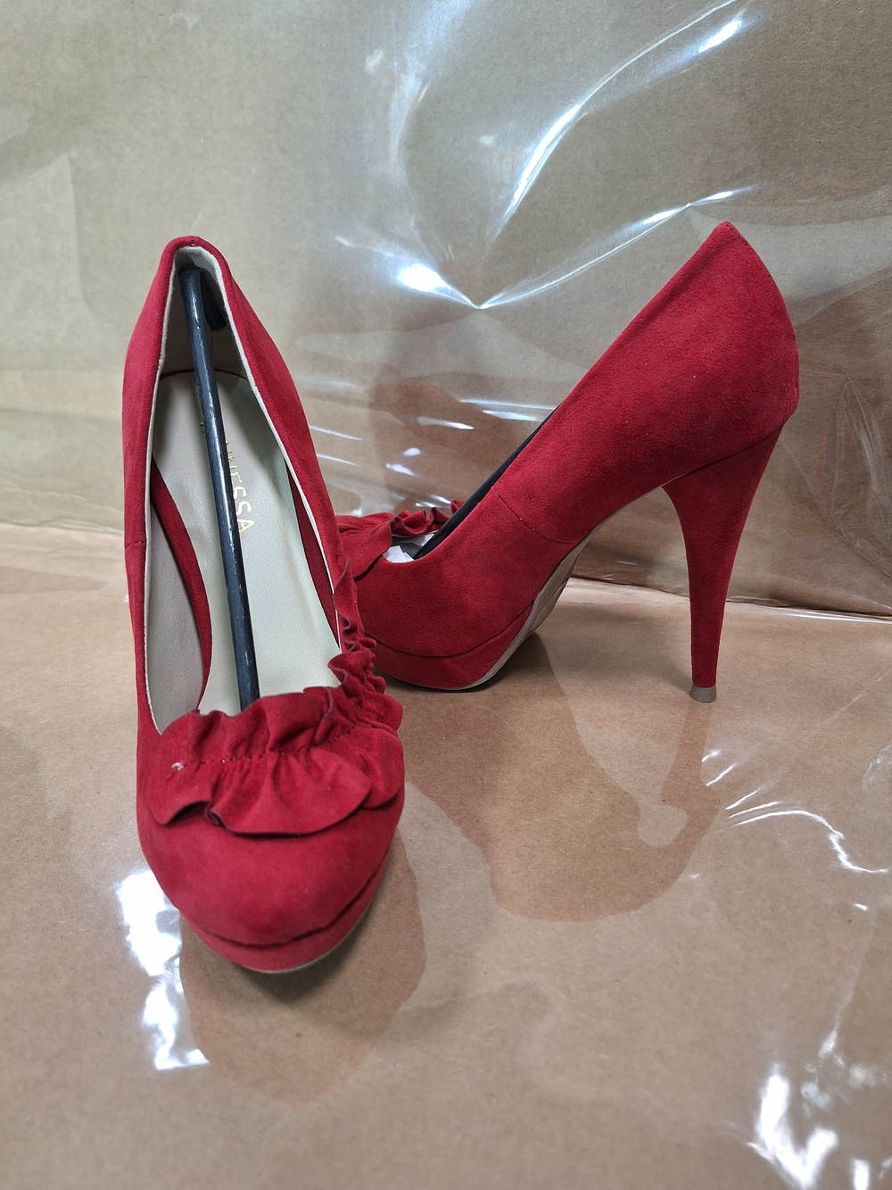 Vince Red and Black Suede Ruffle Pumps